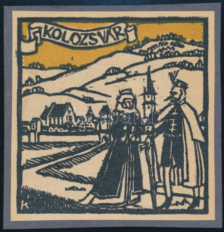 Kós Károly (1883-1977): Kolozsvár. Linómetszet, papír, jelzett a dúcon, kartonra kasírozva, körbevágott, 9x9 cm