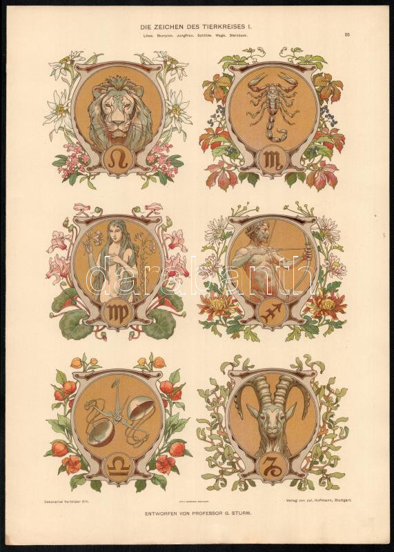 cca 1900 Dekorative Vorbilder, 2 db, csillagképeket ábrázoló szecessziós nyomat. Georg Sturm (1855-1923) tervei után. Egyik lap széle kissé foltos. Lapméret: kb. 35x25 cm