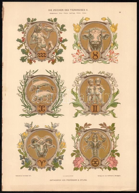 cca 1900 Dekorative Vorbilder, 2 db, csillagképeket ábrázoló szecessziós nyomat. Georg Sturm (1855-1923) tervei után. Egyik lap széle kissé foltos. Lapméret: kb. 35x25 cm - Image 2