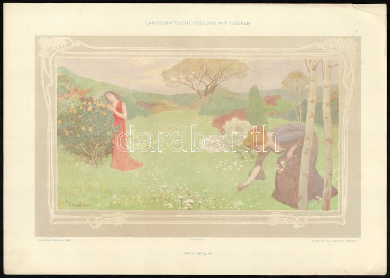 cca 1900 Dekorative Vorbilder, 4 db szecessziós nyomat. Karel Spillar (1871-1939) és R Ruepp művei. Egyik lapszéli apró szakadással. Lapméret: kb. 35x25 cm