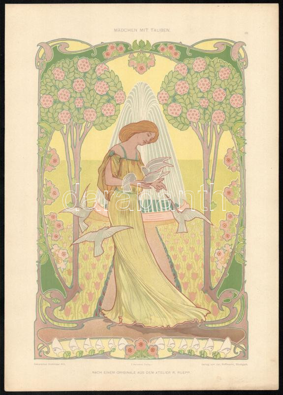 cca 1900 Dekorative Vorbilder, 4 db szecessziós nyomat. Karel Spillar (1871-1939) és R Ruepp művei. Egyik lapszéli apró szakadással. Lapméret: kb. 35x25 cm - Image 2
