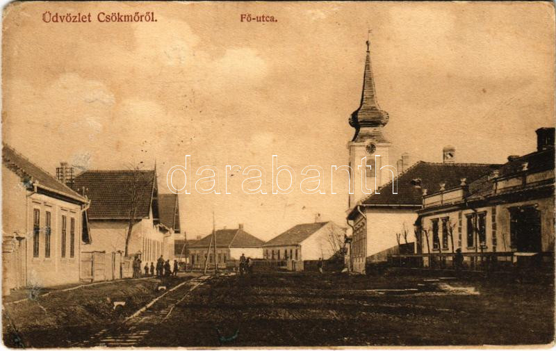 1910 Csökmő, Fő utca, Református templom, vasúti sín. Péchy J. amateur felvétele (r)
