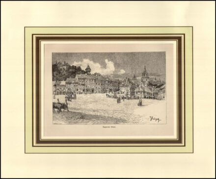 Háry Gyula (1864-1946) után, Morelli Gusztáv (1848-1909): Segesvár, 1890 körül. Rotációs fametszet, papír, jelzett a metszeten. Paszpartuban. 11,5x18,5 cm