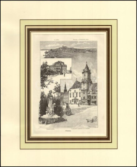 Háry Gyula (1864-1946) után, Morelli Gusztáv (1848-1909) és Bálint Benedek (1860-1920): Pozsony, Hummel szobra, A jeszuiták temploma és a városház, 1890-es évek. Rotációs fametszet, papír, jelzett a metszeten. Paszpartuban. 18x12,5 cm