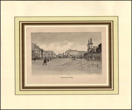 Háry Gyula (1864-1946) után, Morelli Gusztáv (1848-1909): Maros-Vásárhely (Marosvásárhely) főtere, 1890-es évek. Rotációs fametszet, papír, jelzett a metszeten. Paszpartuban. 11,5x18,5 cm