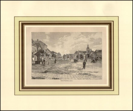 Morelli Gusztáv (1848-1909), Nagy Lázár (1861-1923) után: Kézdi-Vásárhely (Kézdivásárhely) piacza, 1890-es évek. Rotációs fametszet, papír, jelzett a metszeten. Paszpartuban. 12x18 cm