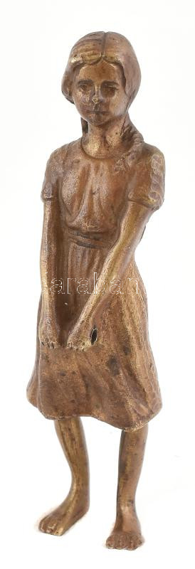 Cipelő kislány. Bronz figura, kezén lyukkal, talpán rögzító csavar nyomával. 14 cm