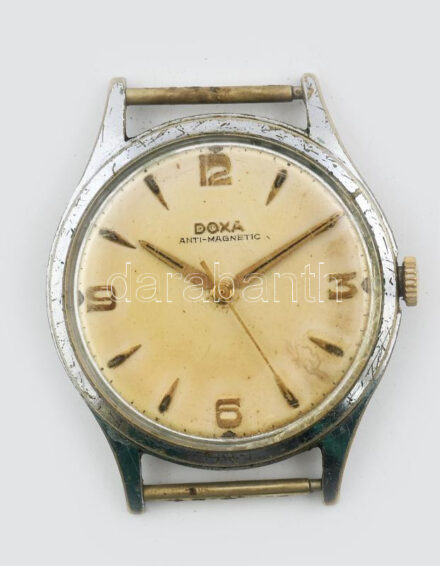 Doxa Anti-Magnetic kézi felhúzós karóra, működik, jó állapotú számlappal, sorszámozott fém tokkal, kisebb kopásnyomokkal, kissé karcos üveggel, d: 35 mm