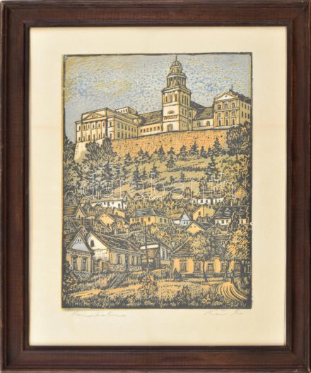 Réti Mátyás (1922-2002): Pannonhalma. Linómetszet, papír, jelzett, üvegezett fakeretben, 35×25,5 cm