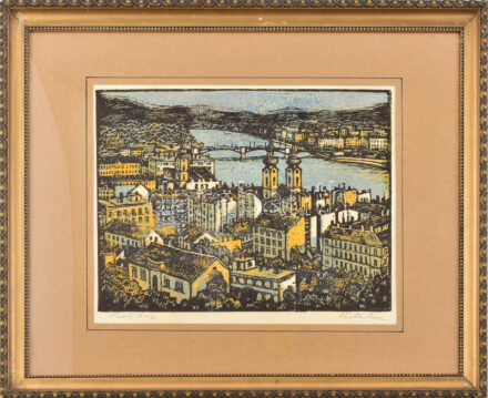 Réti Mátyás (1922-2002): Pesti házak (budapesti panoráma). Linómetszet, papír, jelzett. Dekoratív, üvegezett, kissé sérült fakeretben, 25,5×34 cm