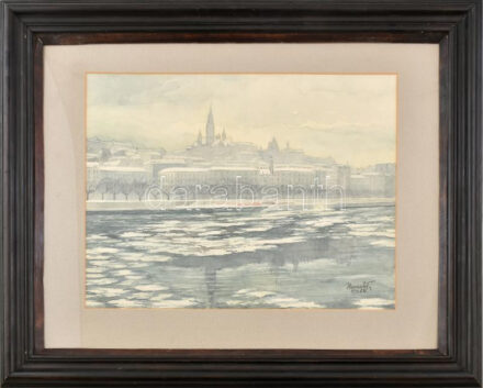 Hervay jelzéssel: A budai vár látképe, 1932. Akvarell, papír. Üvegezett fakeretben, 33,5×43 cm