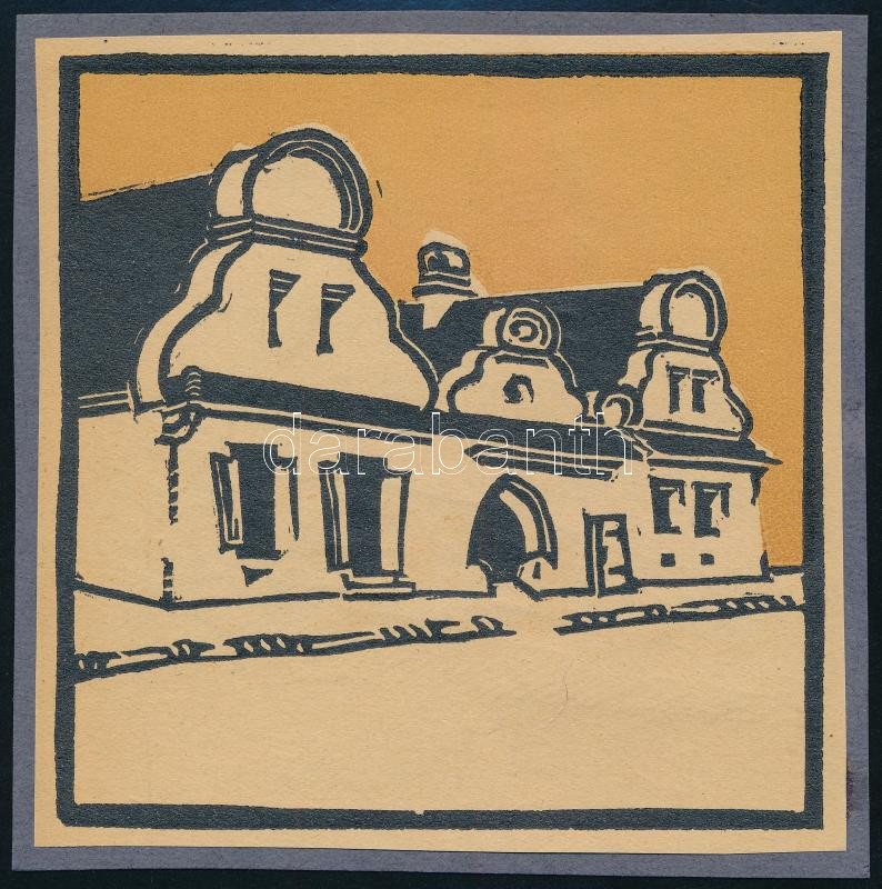 Kós Károly (1883-1977): Barokk ház. Linómetszet, papír, jelzett a dúcon, kartonra kasírozva, körbevágott, 10,5x10,5 cm
