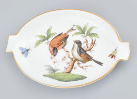 Herendi Rotschild mintás porcelán tálka. Kézzel festett, jelzett, hibátlan. 14x10 cm