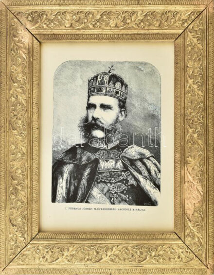 Üvegezett, dekoratív, javított fakeret, I. Ferenc József nyomattal, látható méret: 42,5x31,5 cm