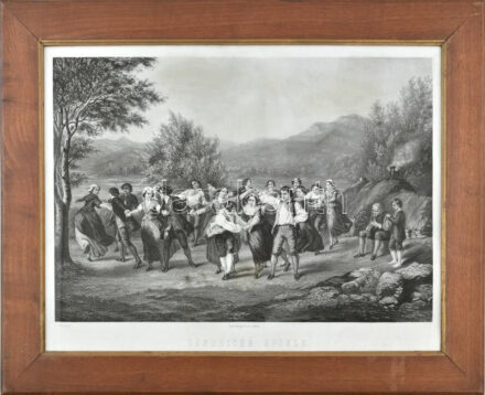 cca 1850-70 Tánc a szabadban (Ländliche Spiele). Litográfia, papír, Hartwig jelzéssel a litográfián. A. Sacco, Berlin kiadása és nyomása. Üvegezett fakeretben, 35x51,5 cm