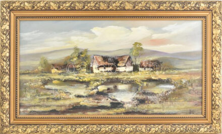 Lukács János (1952-): Táj. Olaj, farost, jelzett, hátoldalán Műkincs Kft. címkéjén feliratozott. Dekoratív fakeretben, 40×80 cm