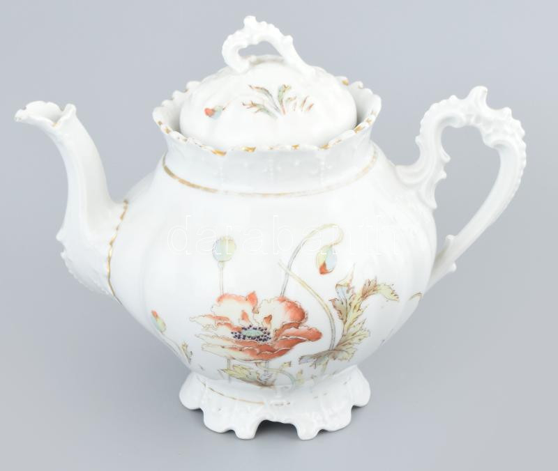 MZ porcelán teás kiöntő. Szecessziós festéssel. Jelzett, kopással. 24 cm, m: 22 cm