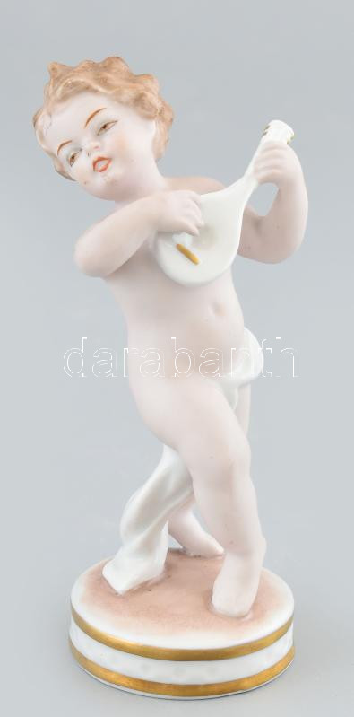 Schaubach Kunst, német mandolinozó puttó, jelzett, kopásnyomokkal, m: 12,5 cm