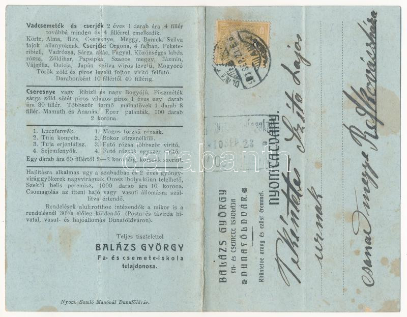 1910 Dunaföldvár, Balázs György fa- és csemete iskolája kihajtható reklámja és árjegyzéke (fa)