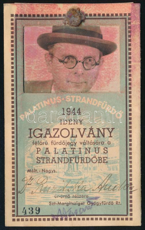 1944 Palatinus strandfürdő igazolvány szabadjegy váltására