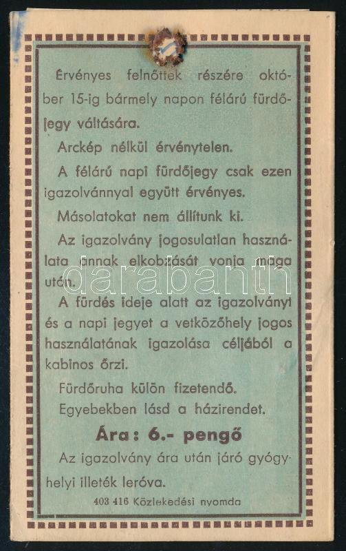 1944 Palatinus strandfürdő igazolvány szabadjegy váltására - Image 2