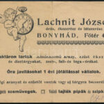 1930 Lachnit József Bonyhádi órás ékszerész számlája hátoldali reklámjában aláírva pecsételve hajtásnyomokkal