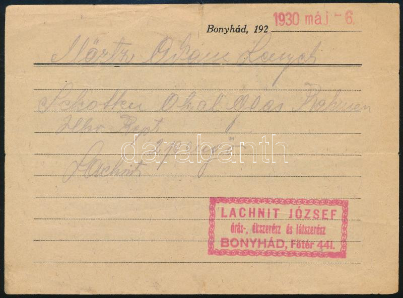 1930 Lachnit József Bonyhádi órás ékszerész számlája hátoldali reklámjában aláírva pecsételve hajtásnyomokkal - Image 2
