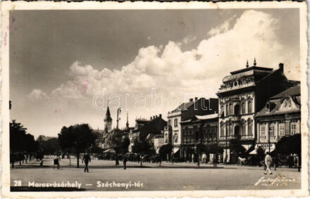 Marosvásárhely, Targu Mures; Széchenyi tér, Erdélyi bank és takarékpénztár, E. József, Nagy és Szláma, Hübner és Révész üzlete / square, shops