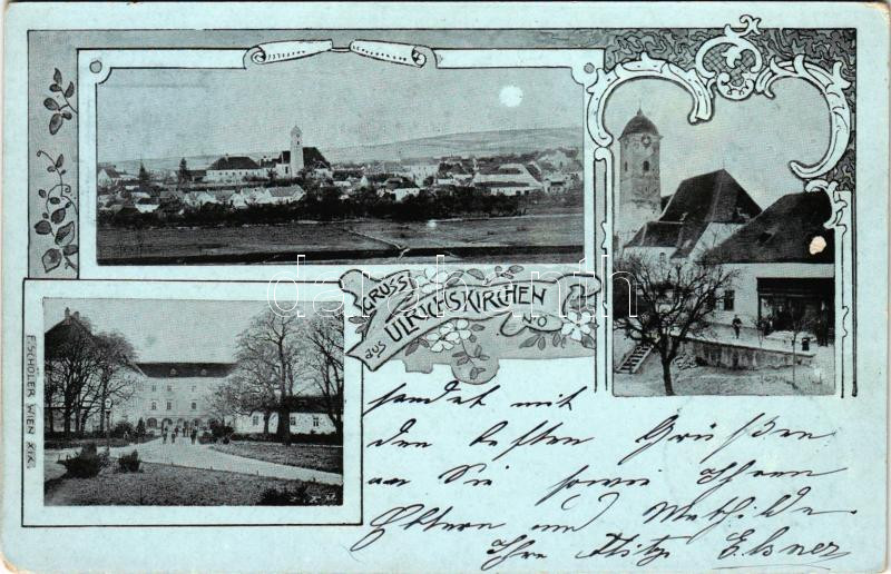 1901 Ulrichskirchen, Ulrichskirchen-Schleinbach; general view, church, castle. F. Schöler Wien Art Nouveau, floral (EM)