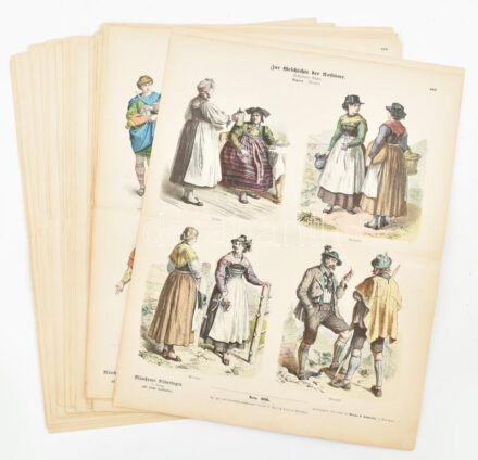 cca 1860-1880 Münchener Bilderbogen 40 db lapja, korabeli és történelmi népviseletekkel, katonai egyenruhákkal. Színezett fametszet, papír, jelzett a metszeten. Braun & Schneider kiadása. lap széle részben sérült. 42,5x33,5 cm