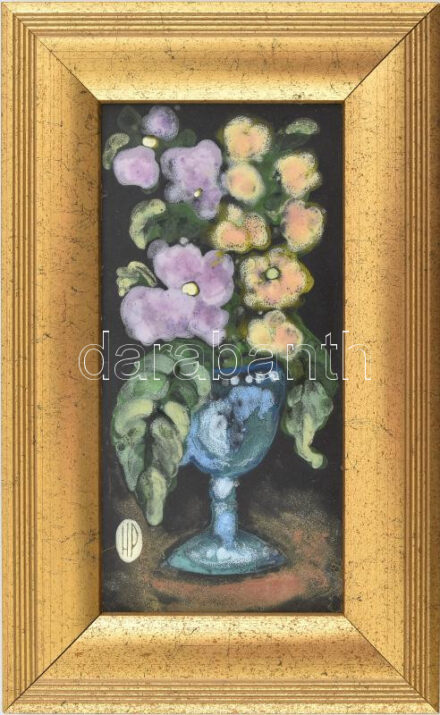 Hernádi Paula (1947-): Csendélet talpas pohárban. Tűzzománc, jelzett, fa keretben, 20×10 cm