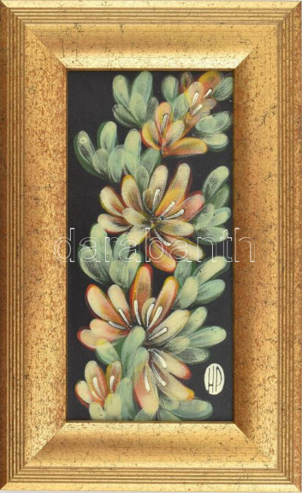 Hernádi Paula (1947-): Sárgavirágok. Tűzzománc, jelzett, fa keretben, 20×10 cm