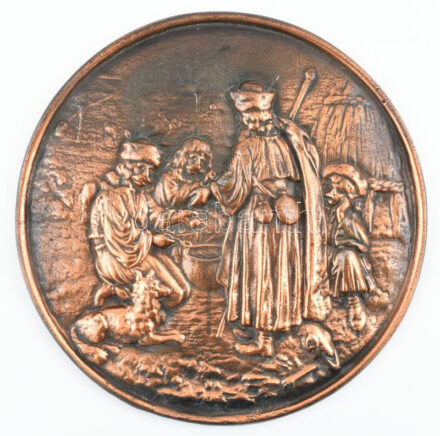 Dernői vasgyár egyik termékéről készült másolat, bronzírozott fém, Bográcsozó juhászok, falra akasztható, 1960-70 körül. d: 27,5 cm