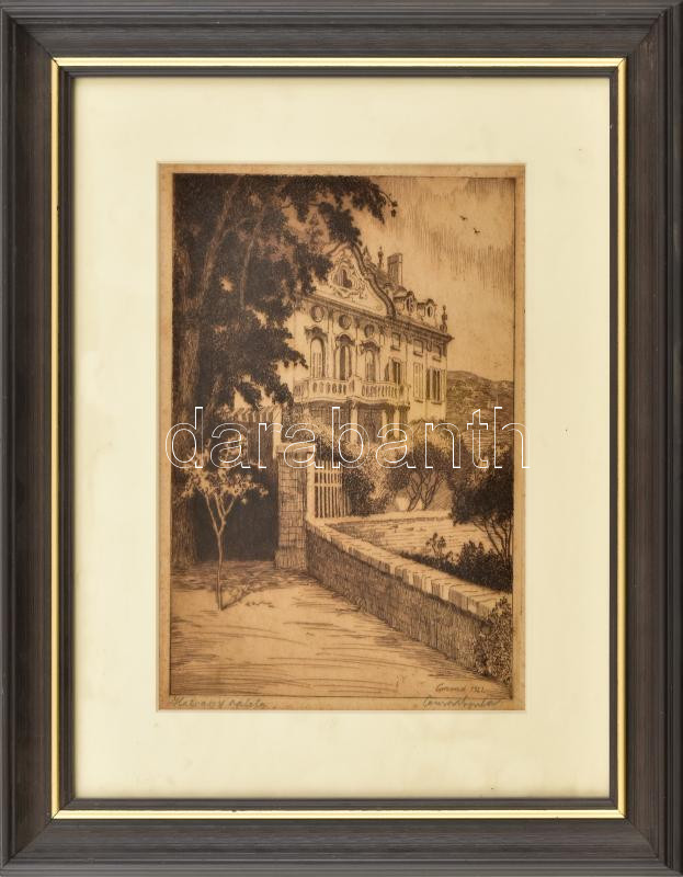 Conrad Gyula (1877-1959): Hatvany palota. Rézkarc, papír. Jelzett. Kissé foltos. Üvegezett fakeretben, 20×14 cm