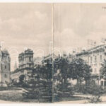 Kassa, Kosice; Nemzeti színház, Simalya Mihály, Árvai Miksa, Quirsfeld üzlete. Vitéz A. kiadása. 2-részes kihajtható panorámalap / theatre, shops. 2-tiled folding panoramacard (r)