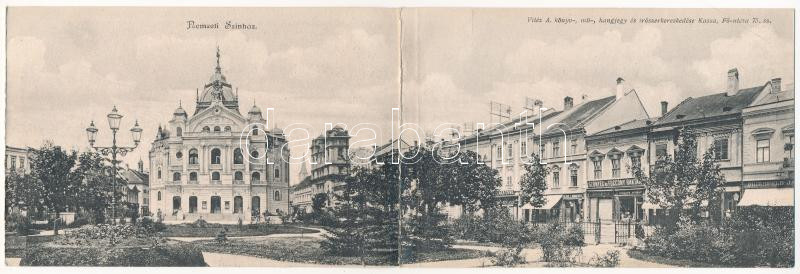 Kassa, Kosice; Nemzeti színház, Simalya Mihály, Árvai Miksa, Quirsfeld üzlete. Vitéz A. kiadása. 2-részes kihajtható panorámalap / theatre, shops. 2-tiled folding panoramacard (r)
