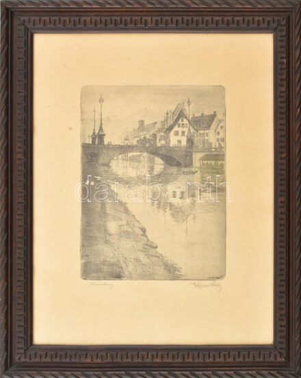 Wagner Géza (1879-1939): Strassburg. Rézkarc, papír, jelzett, üvegezett fakeretben, 20,5×16,5 cm