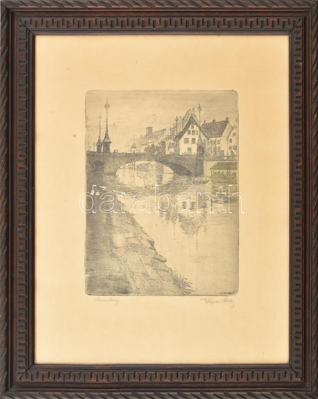 Wagner Géza (1879-1939): Strassburg. Rézkarc, papír, jelzett, üvegezett fakeretben, 20,5×16,5 cm