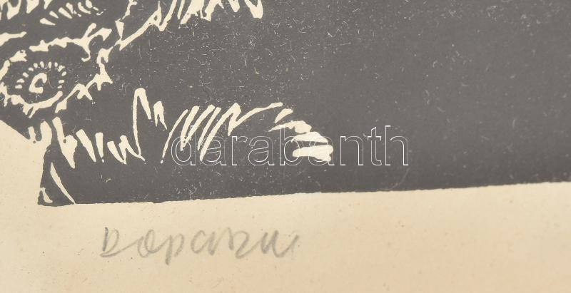 Kopasz Márta (1911-2011): Anya gyermekével, 1977. Linómetszet, papír, jelzett, lap alja foltos, üvegezett fakeretben, 41,5x28 cm - Image 2