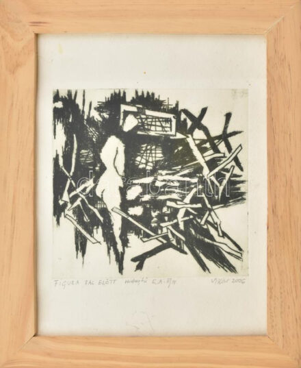 Vikár István (?-): Figura fal előtt. Hidegtű, papír, jelzett, művészpéldány E.A. II/III. számozással, plexiüvegezett fakeretben. 14x14 cm
