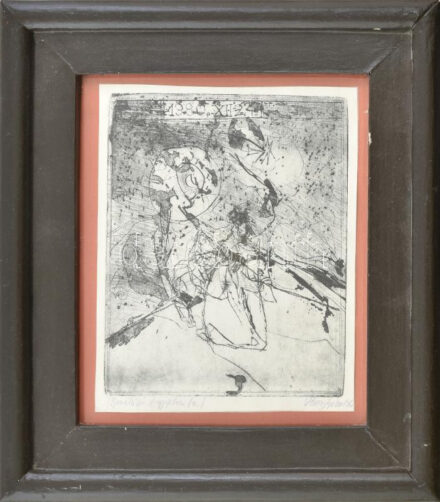 Véssey Gábor (1948-): Menekülés Egyiptomba, 1980. Hidegtű, papír, jelzett, üvegezett fakeretben, 21×16,5 cm