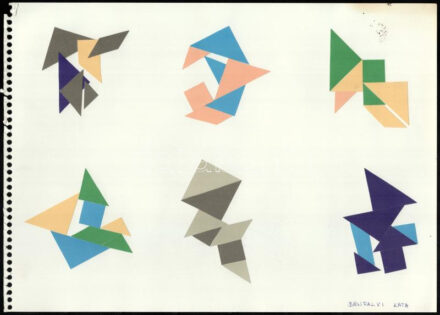 Bánfalvi Kata (?-): 10 db geometrikus-absztrakt vázlat. Kollázs, papír, jelzett, 25×34,5 cm