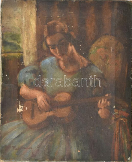 Pick Emmy (1900-?): Mandolinos hölgy. Olaj, vászon. Jelzett, sérült, 37,5x30 cm