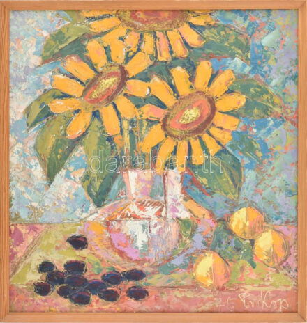 Prokop Péter (1919-2003): Napraforgók és szilvák, 1976. Olaj, farost, jelzett, hátoldalán autográf felirattal, fakeretben. 70×66 cm