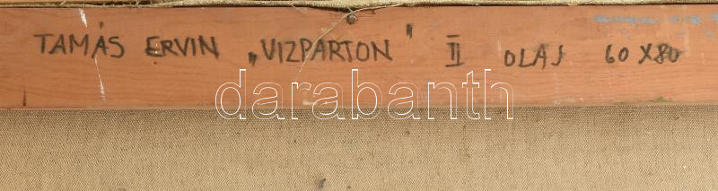 Tamás Ervin (1922-1996): Vízparton II. Olaj, vászon, jelezve jobbra lent, kissé sérült. Hátoldalán autográf felirattal és Képcsarnok Vállalat címkéjével. Üvegezett keretben. 60×80 cm - Image 3