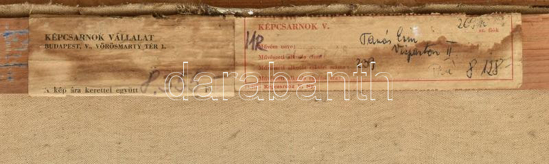 Tamás Ervin (1922-1996): Vízparton II. Olaj, vászon, jelezve jobbra lent, kissé sérült. Hátoldalán autográf felirattal és Képcsarnok Vállalat címkéjével. Üvegezett keretben. 60×80 cm - Image 4