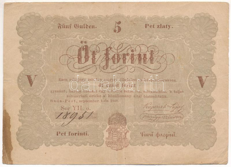1848. 5Ft 'Kossuth bankó' barna nyomat 'YH. o. 18951' T:III fo., kis beszakadás Adamo G109A