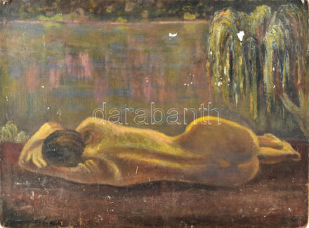 Olvashatatlan jelzéssel: Fekvő akt. Olaj, farost, sérült. 62×83 cm