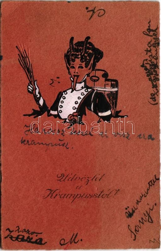 Üdvözlet a Krampusztól! Krampusz hölgy, dombornyomott / Krampus lady, embossed (EK)