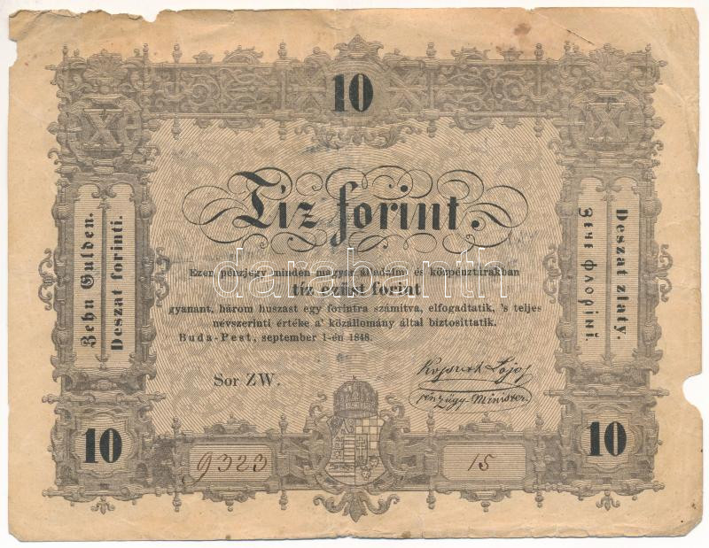1848. 10Ft 'Kossuth bankó' 'ZW. 9323 15' ékezethiány 'gyanant' T:III- anyaghiány Adamo G111h